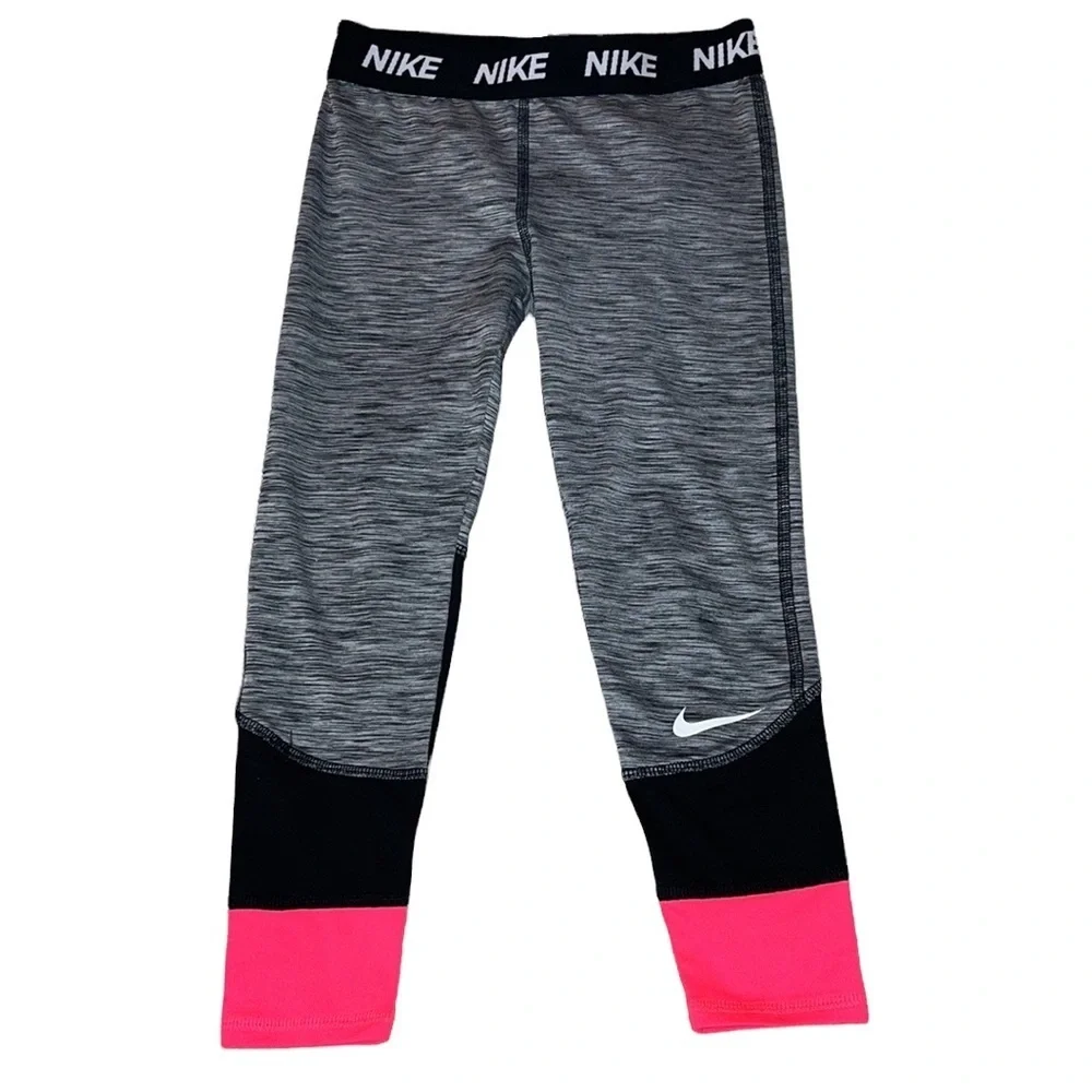 Nike Girls Pro Grey Space Dye Pink Colorblock Full-Length Leggings - Size 8 (M)